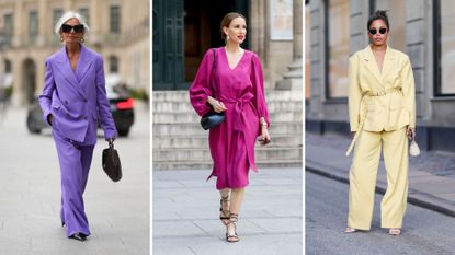 A composite of three street style influencers wearing head to toe purple, pink and yellow to show what colour suit me