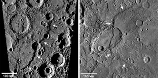Two large fault scarps on Mercury: Discovery Rupes, in the image on the left, and Beagle Rupes, in the image on the right. Each is over 0.6 miles (1 kilometer) tall.