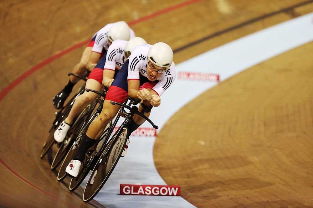 Mark Stewart, Kian Emadi-Voffin, Andrew Tennant and Oliver Wood of Great Britain win the Men's Team Pursuit