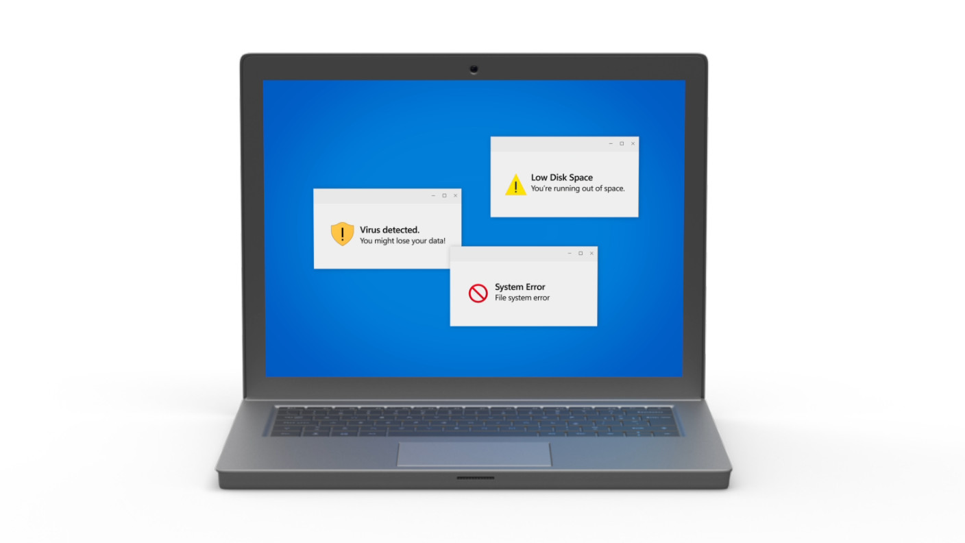 Google Chromebook Plus Portal advert showing a generic laptop with error messages