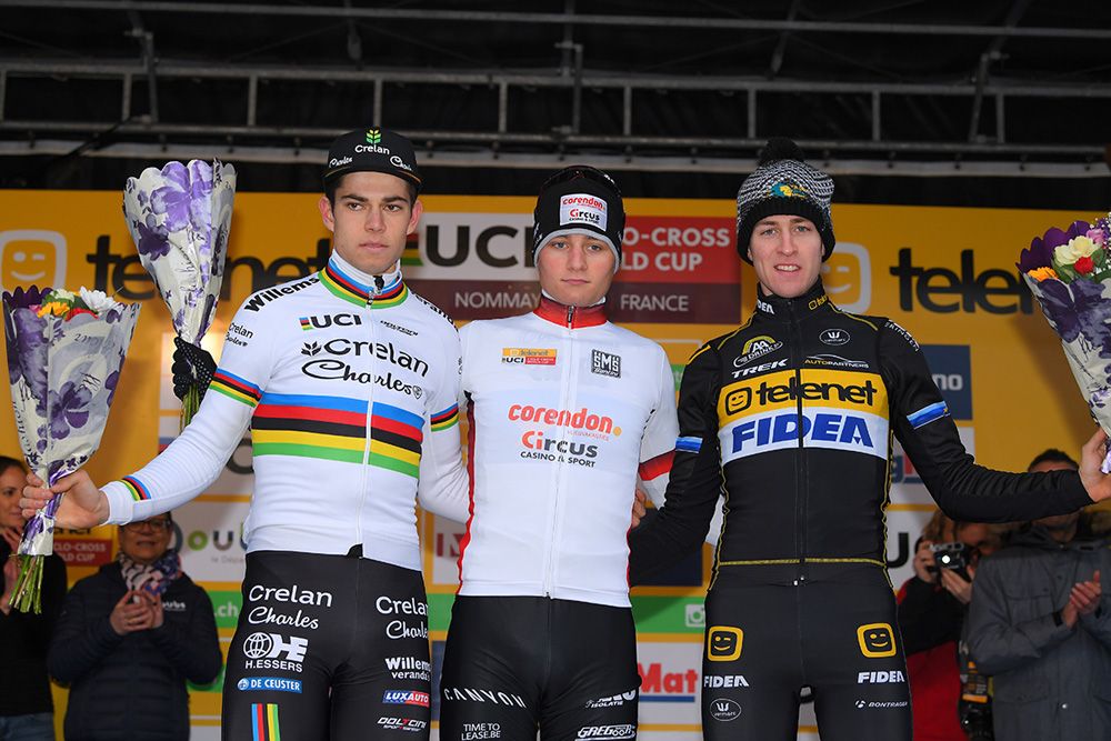Mathieu van der Poel (Corendon-Circus) takes centre stage on the podium