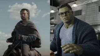Ewan McGregor riding the desert in Obi-Wan Kenobi and Mark Ruffalo sitting in a diner as Smart Hulk in Avengers: Endgame, pictured side by side.