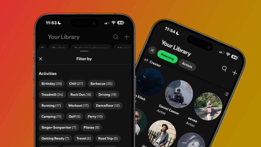 Two iPhones showing Spotify&#039;s list of smart filters 