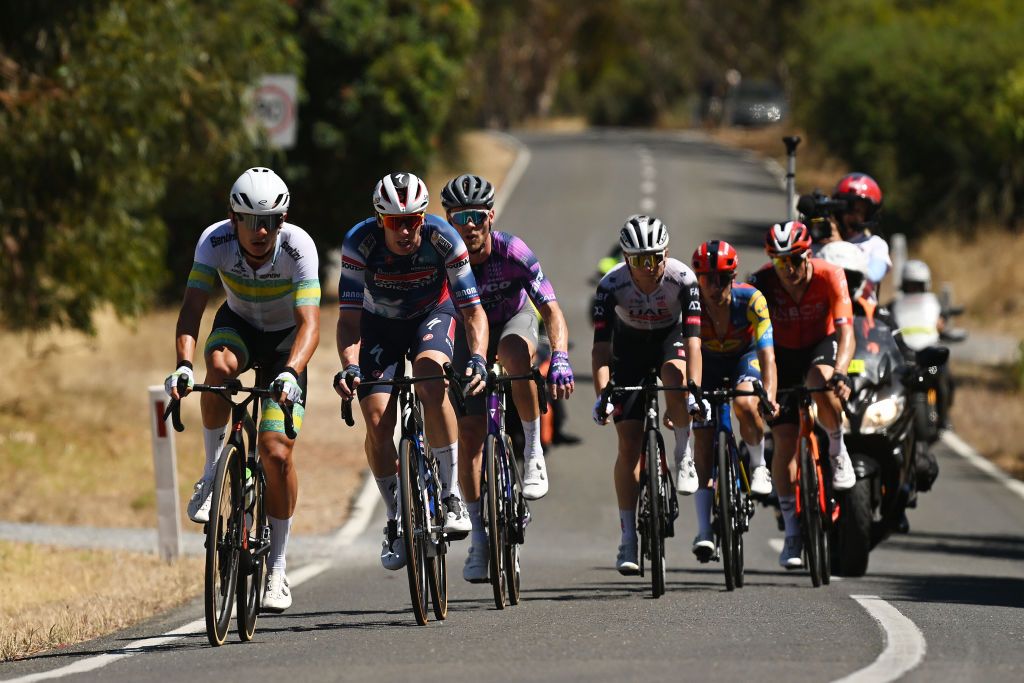 MCLAREN VALE AUSTRALIA JANUARY 25 LR Oliver Bleddyn of Australia and ARA Australian Cycling Team Pascal Eenkhoorn of The Netherlands and Team Soudal QuickStep Michael Hepburn of Australia and Team JaycoAlula Pablo Torres of Spain and UAE Team Emirates Xrg Juan Pedro Lopez of Spain and Team Lidl Trek and Ben Swift of The United Kingdom and Team INEOS Grenadiers compete in the breakaway prior to the 25th Santos Tour Down Under 2025 Stage 5 a 1457km stage from McLaren Vale to Willunga Hill 371m UCIWT on January 25 2025 in McLaren Vale Australia Photo by Dario BelingheriGetty Images