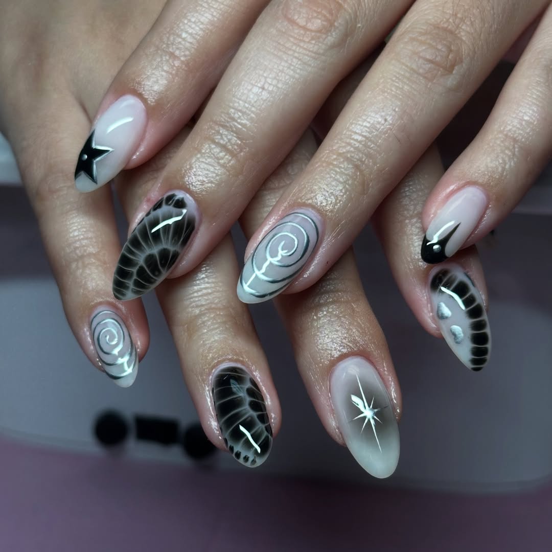black and silver oval nails