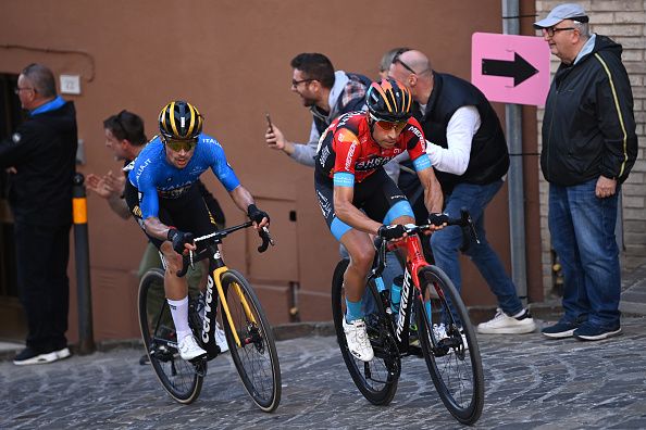 OSIMO ITALY MARCH 11 Primoz Roglic of Slovenia and Team Jumbo Visma Blue Leader Jersey and Mikel Landa of Spain and Team Bahrain Victorious compete in the breakaway during the 58th TirrenoAdriatico 2023 Stage 6 a 193km stage from Osimo Stazione to Osimo 252m UCIWT TirrenoAdriatico on March 11 2023 in Osimo Italy Photo by Tim de WaeleGetty Images