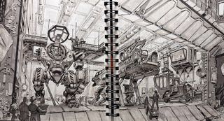 Sketchbook pages showing concept art drawn with markers with strong depth of field showing a scene with huge mechs undergoing maintenance