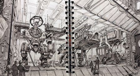 Sketchbook pages showing concept art drawn with markers with strong depth of field showing a scene with huge mechs undergoing maintenance