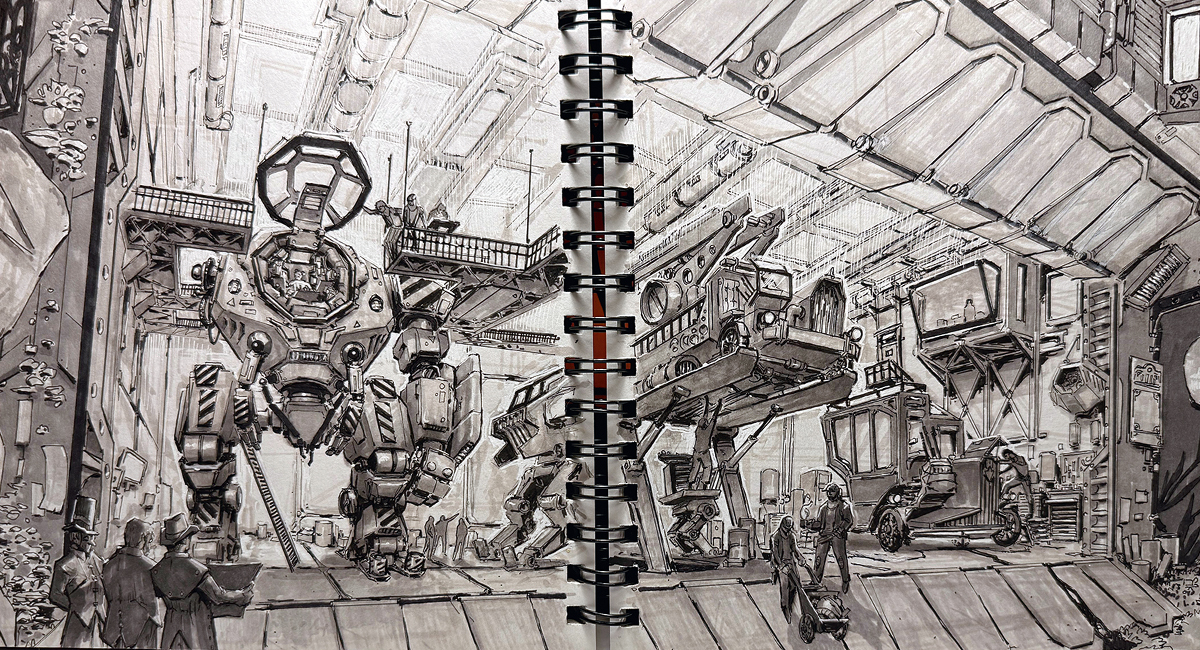Sketchbook pages showing concept art drawn with markers with strong depth of field showing a scene with huge mechs undergoing maintenance