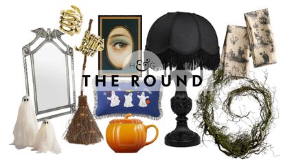 Chic Halloween decor for 2026, spanning decorative silver mirrors, tabletop ghost decorations, skeleton hand napkin rings, Victorian table lamps, and more, pictured against a white background