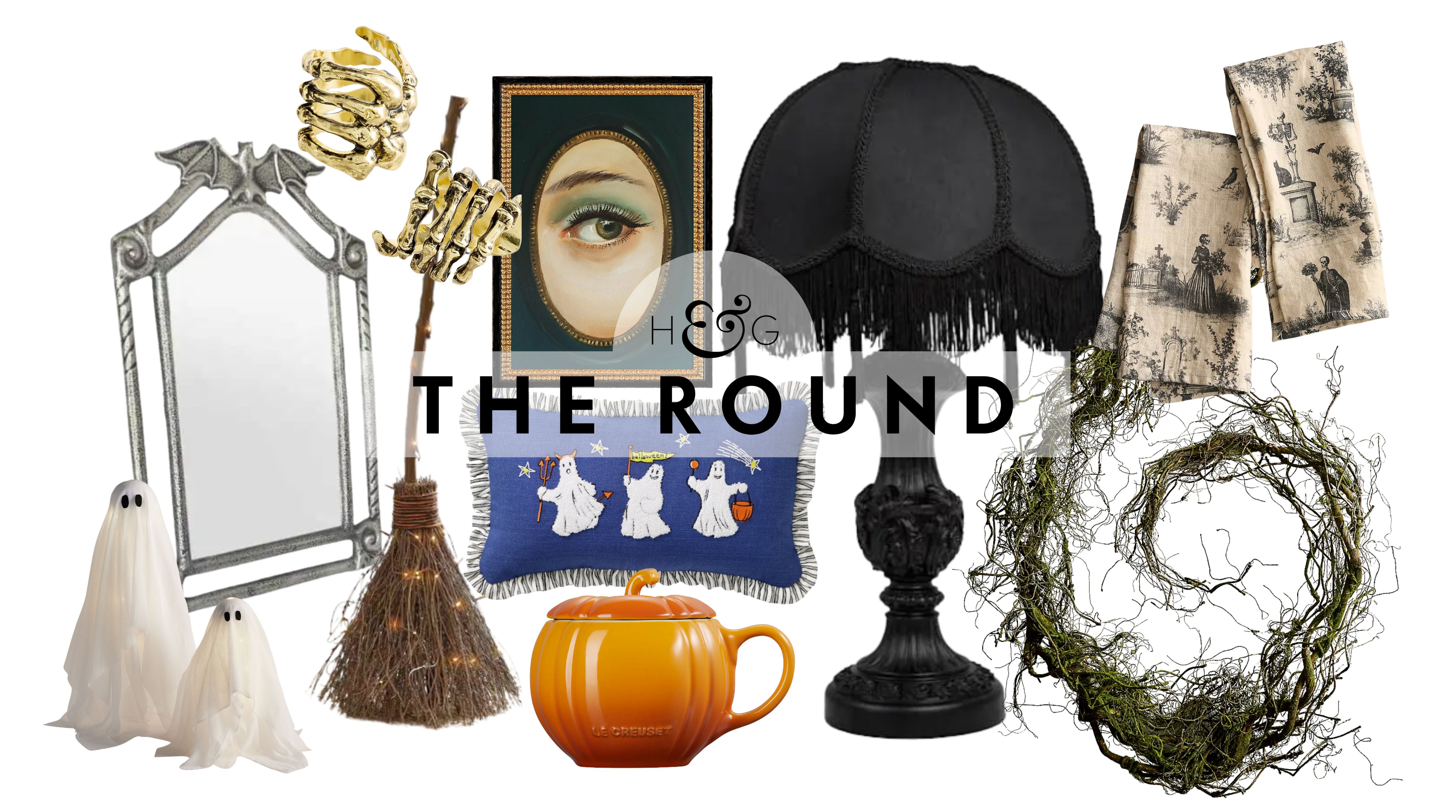Chic Halloween decor for 2026, spanning decorative silver mirrors, tabletop ghost decorations, skeleton hand napkin rings, Victorian table lamps, and more, pictured against a white background