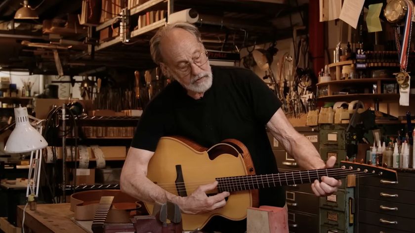 The legendary luthier Ken Parker in his workshop with one of his groundbreaking archtop designs.