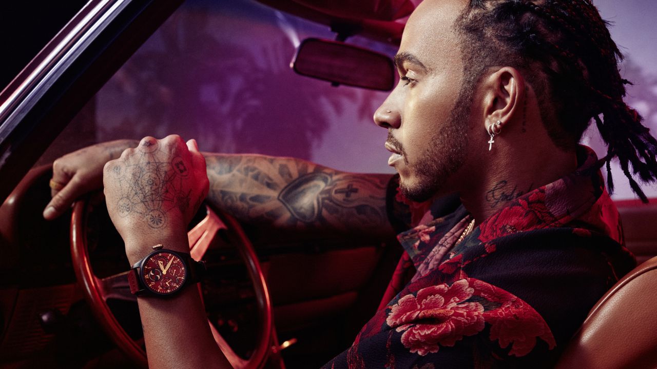 Lewis Hamilton, F1 driver, wearing an IWC watch