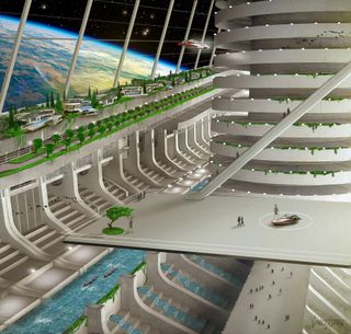 The interior of a space colony as visualized for the space-based nation Asgardia.