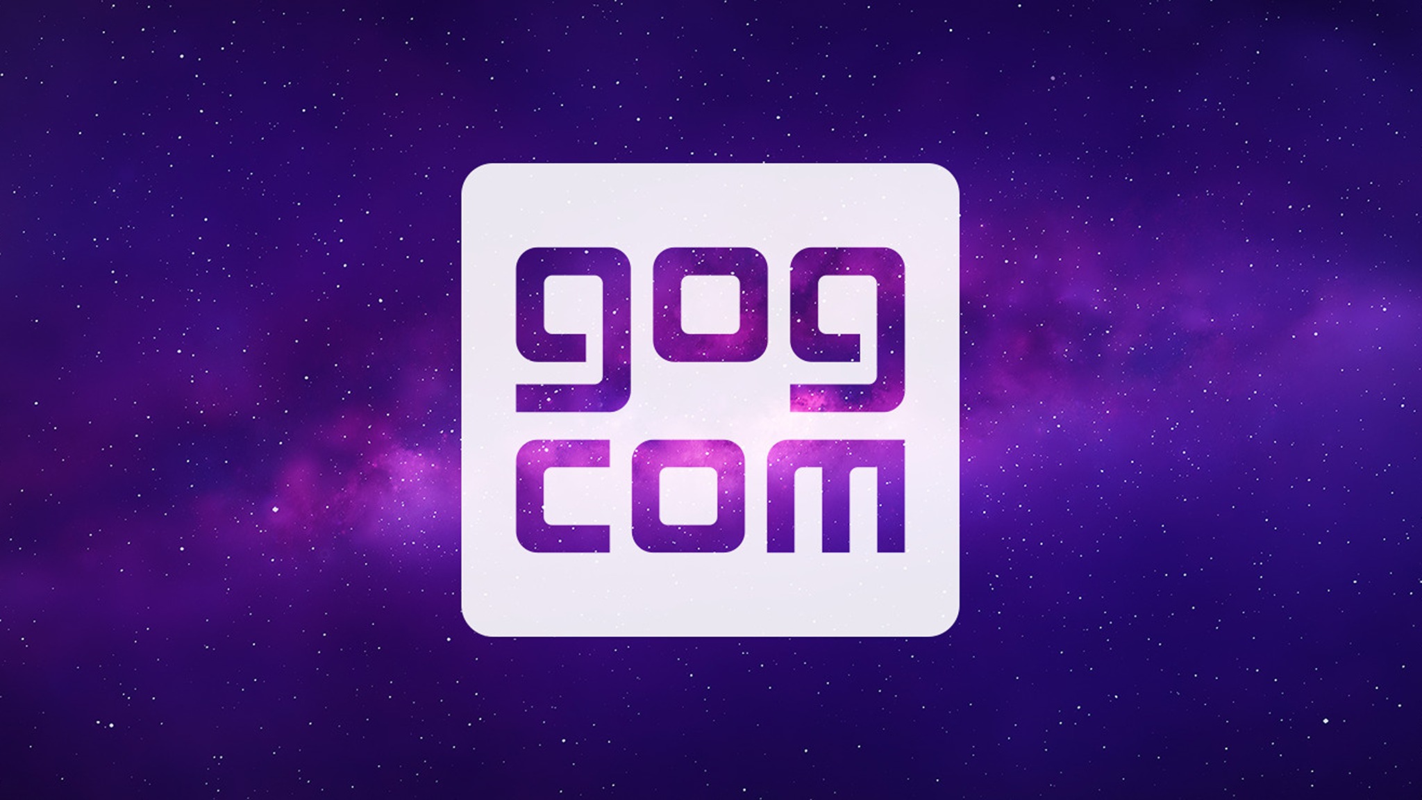 Logo for GOG.com displayed prominently on a purple, starry background.
