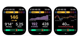 Tre skjermbilder fra appen Gentler Streak på Apple Watch