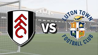 The Fulham and Luton Town club badges on top of a photo of Craven Cottage in London, England