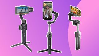 Product shots of the various best iPhone gimbals on a purple background