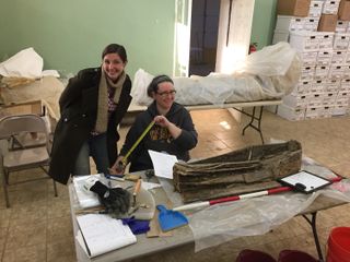 Kimberlee Moran (left) and Allison Grunwald (right) on the last day of internal coffin excavation.