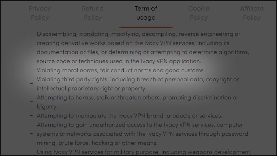 The Ivacy Terms of Usage page with a highlighted clause