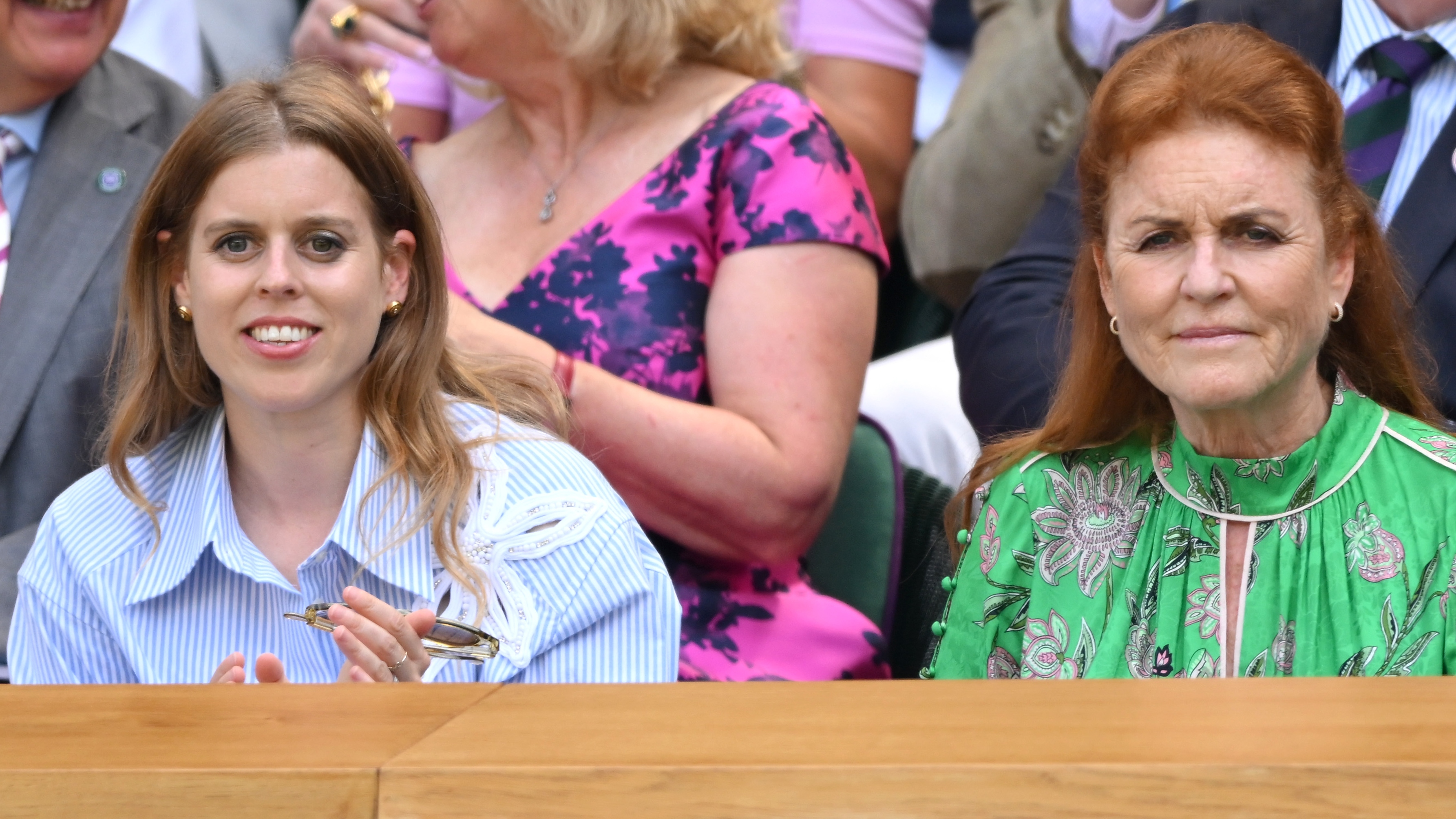 Princess Beatrice of York and Sarah Ferguson, Duchess of York attend day one of the Wimbledon Tennis Championships at the All England Lawn Tennis and Croquet Club on June 30, 2025