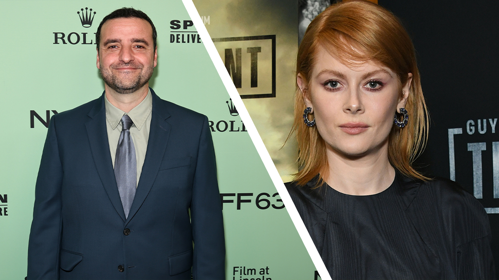 A collage showing David Krumholtz and Emily Beecham posing for photographs at different red carpet events