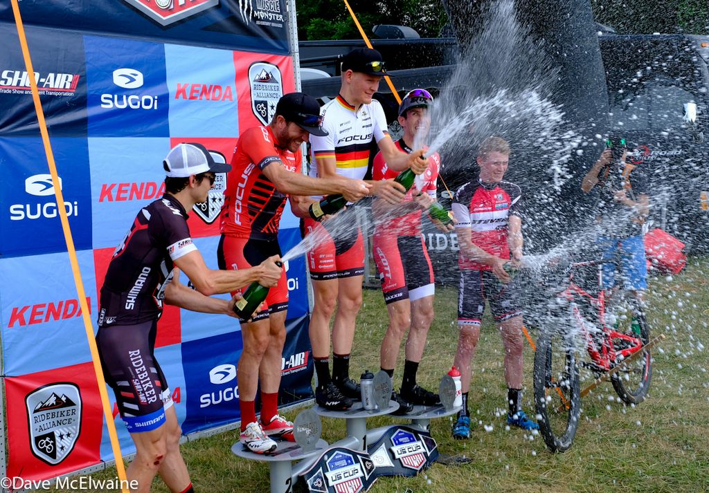 The Pro Men Celebrate at the podium (L to R) Stephen Ettinger (Ridebiker) 4th, Florian Vogel (Focus) 2nd, Christian Pfaffle (Stevens MTB) 1st, Derek Zandstra (Scott) 3rd, Christian Pfaffle (Stevens) 5th