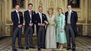 Prince Charles and Camilla on their wedding day, with their children Princes William and Harry, Laura Lopes and Tom Parker-Bowles