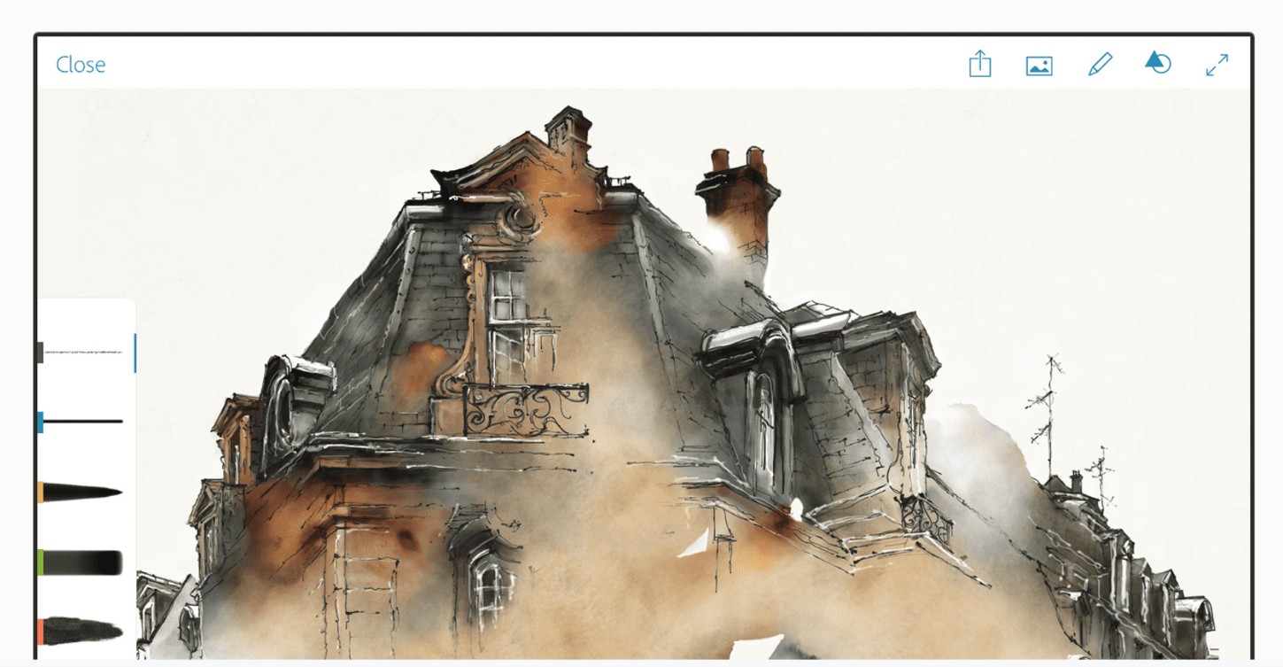 Drawing apps for iPad: sketch of building in Photoshop Sketch