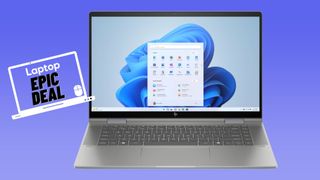 Silver HP Envy x360 15 against blue gradient background