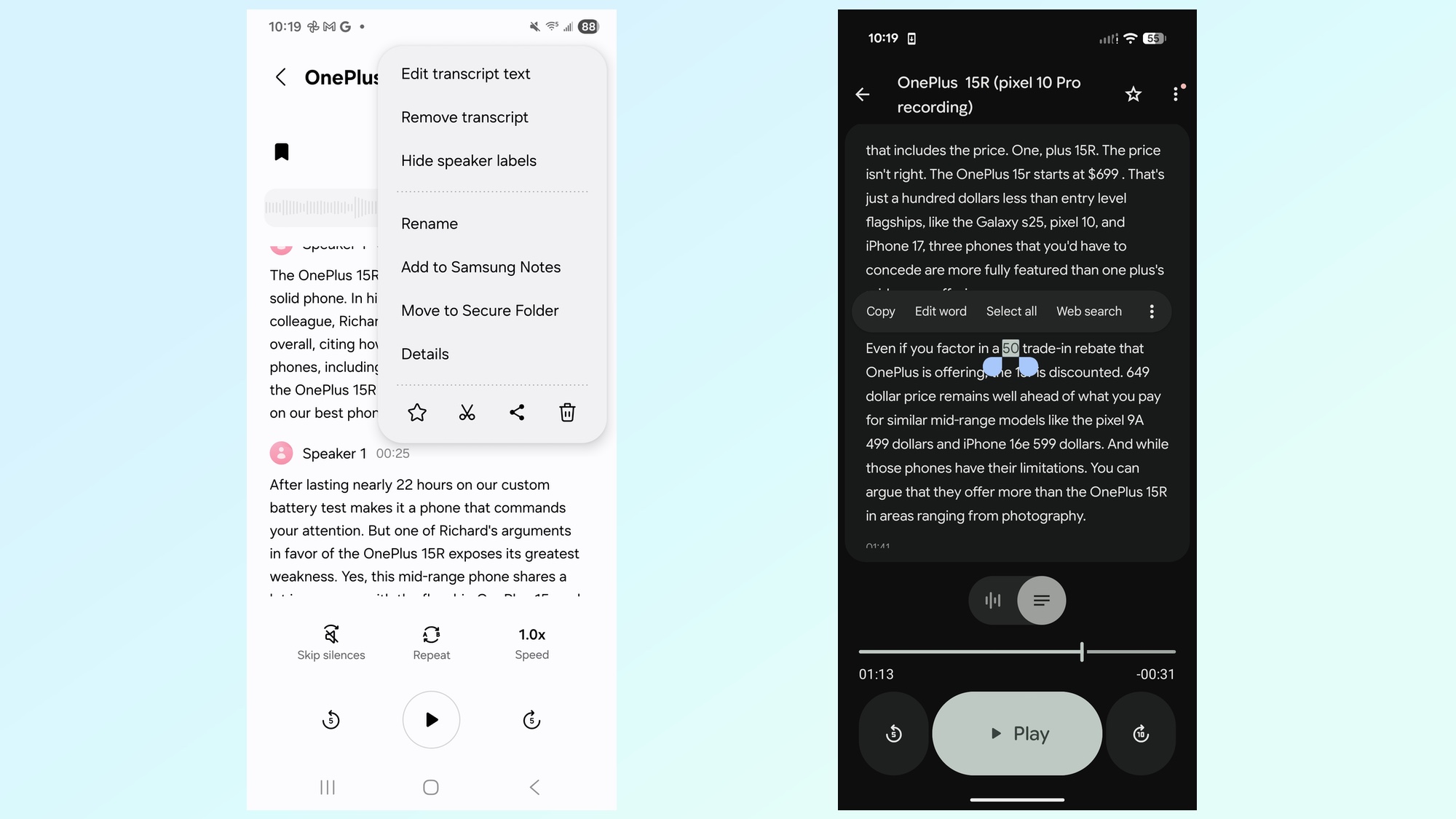 Editing tools in the Galaxy Voice Recorder and Google Recorder apps