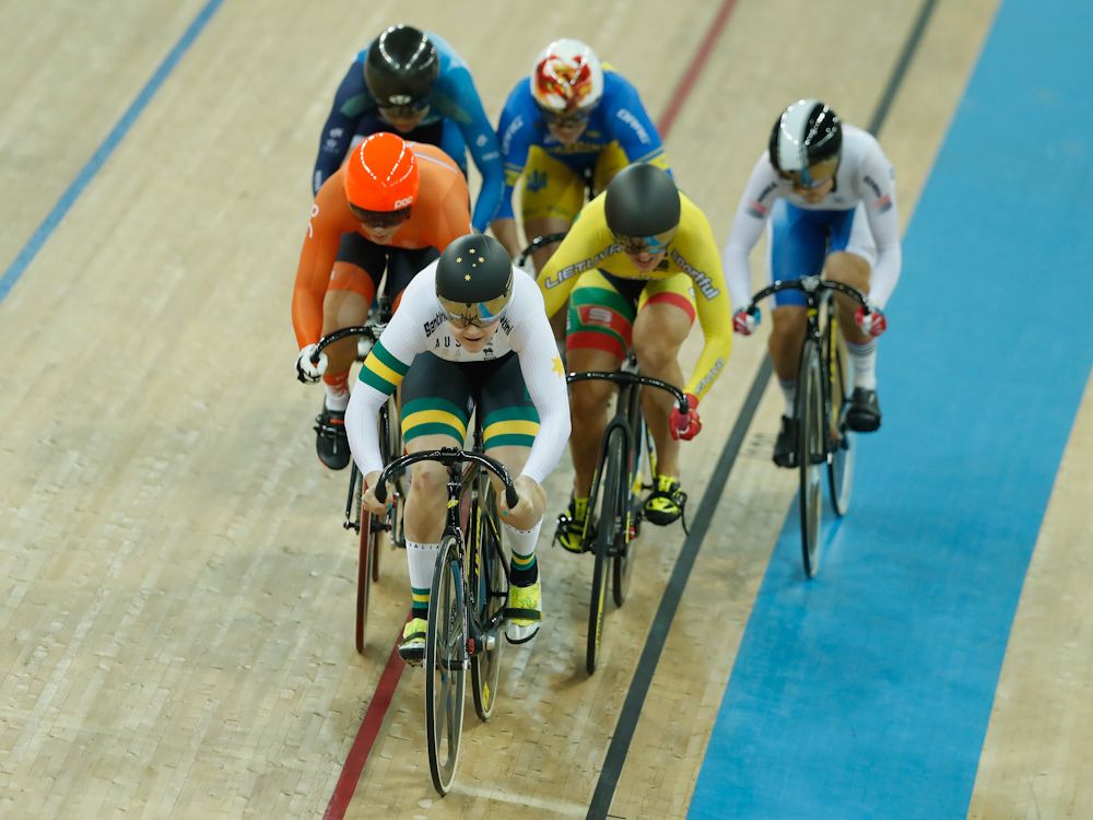 Stephanie Morton of Australia on her way to win Women's Keirin, Second Round, heat 2, on Day 5 in 2017 UCI Track Cycling World Championships