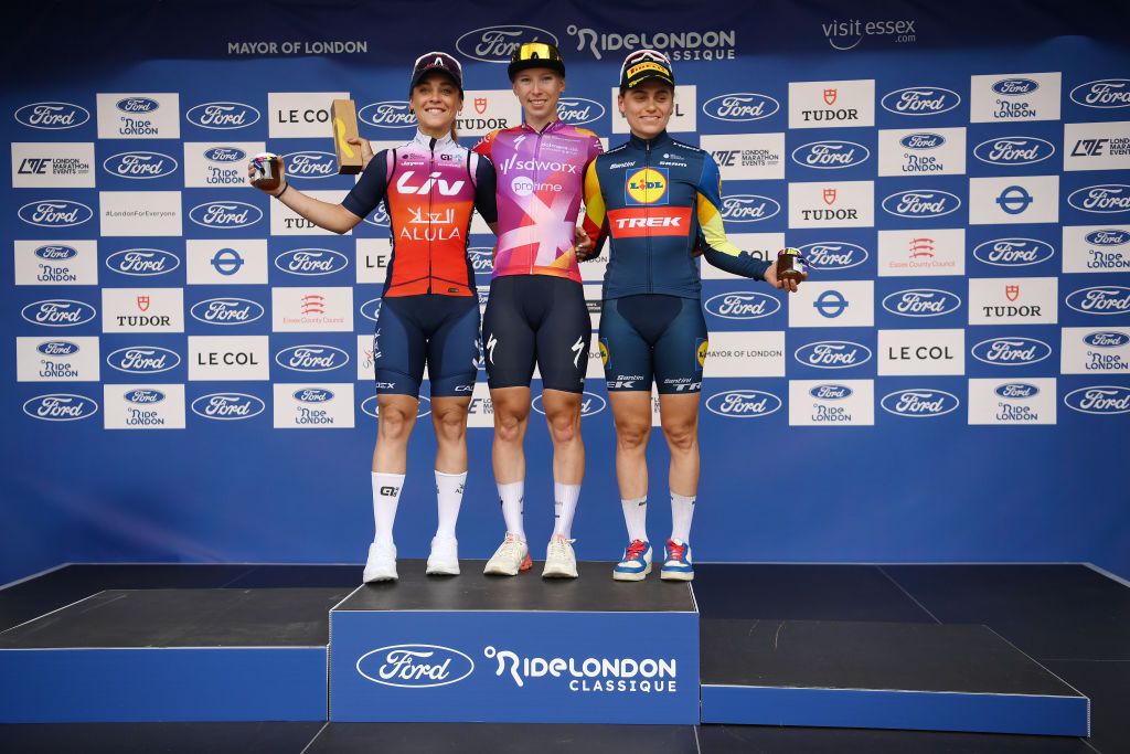 COLCHESTER ENGLAND MAY 24 LR Letizia Paternoster of Italy and Team Liv AlUla Jayco on second place race winner Lorena Wiebes of The Netherlands and Team SD WorxProtime and Clara Copponi of France and Team LidlTrek on third place pose on the podium ceremony after the 10th Ford RideLondon Classique 2024 Stage 1 a 1592km stage from Saffron Walden to Colchester UCIWWT on May 24 2024 in Colchester England Photo by Alex BroadwayGetty Images