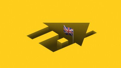Illustration of a deep hole shaped like a home, with a British flag flying from the depths