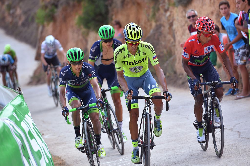 Esteban Chaves, Alberto Contador and Nairo Quintana briefly ride away from Chris Froome on the steep slopes of Mas de la Costa