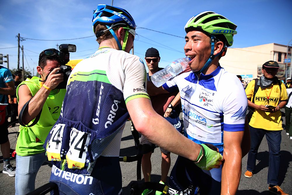 Caleb Ewan (Orica-GreenEdge) congratulated by his teammates after the win