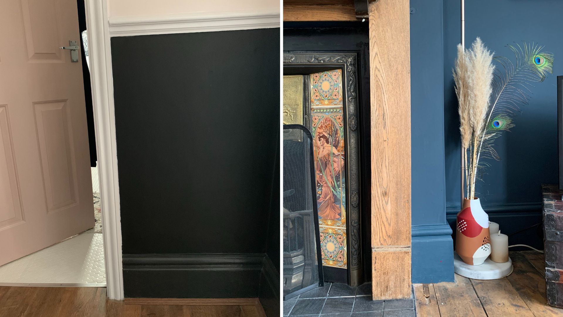 Collage image showing skirting boards painted the same colour as the walls