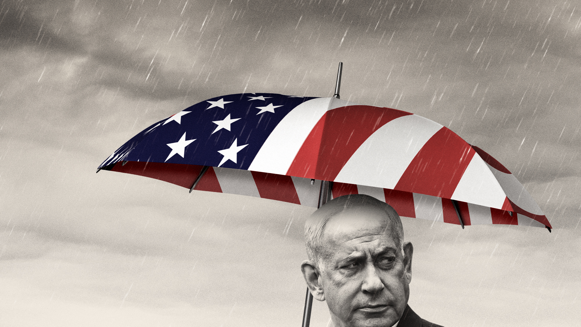 Illustration of Benjamin Netanyahu holding a stars and stripes umbrella during a rainstorm