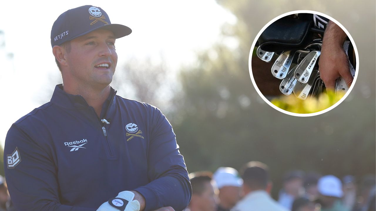 Bryson DeChambeau waits on the tee box, with a close up of LA GOLF irons featuring in a circle