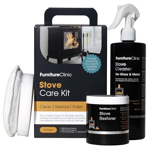Furniture Clinic Stove Care Kit &amp;ndash; Clean and Restore Log Burners, Grates, &amp;amp; Fireplaces &amp;ndash; Removes Soot and Dirt &amp;ndash; Stove Glass &amp;amp; Metal Cleaner and Stove Polish