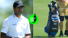 Aaron Rai walks off the fairway, with a close up of his bag