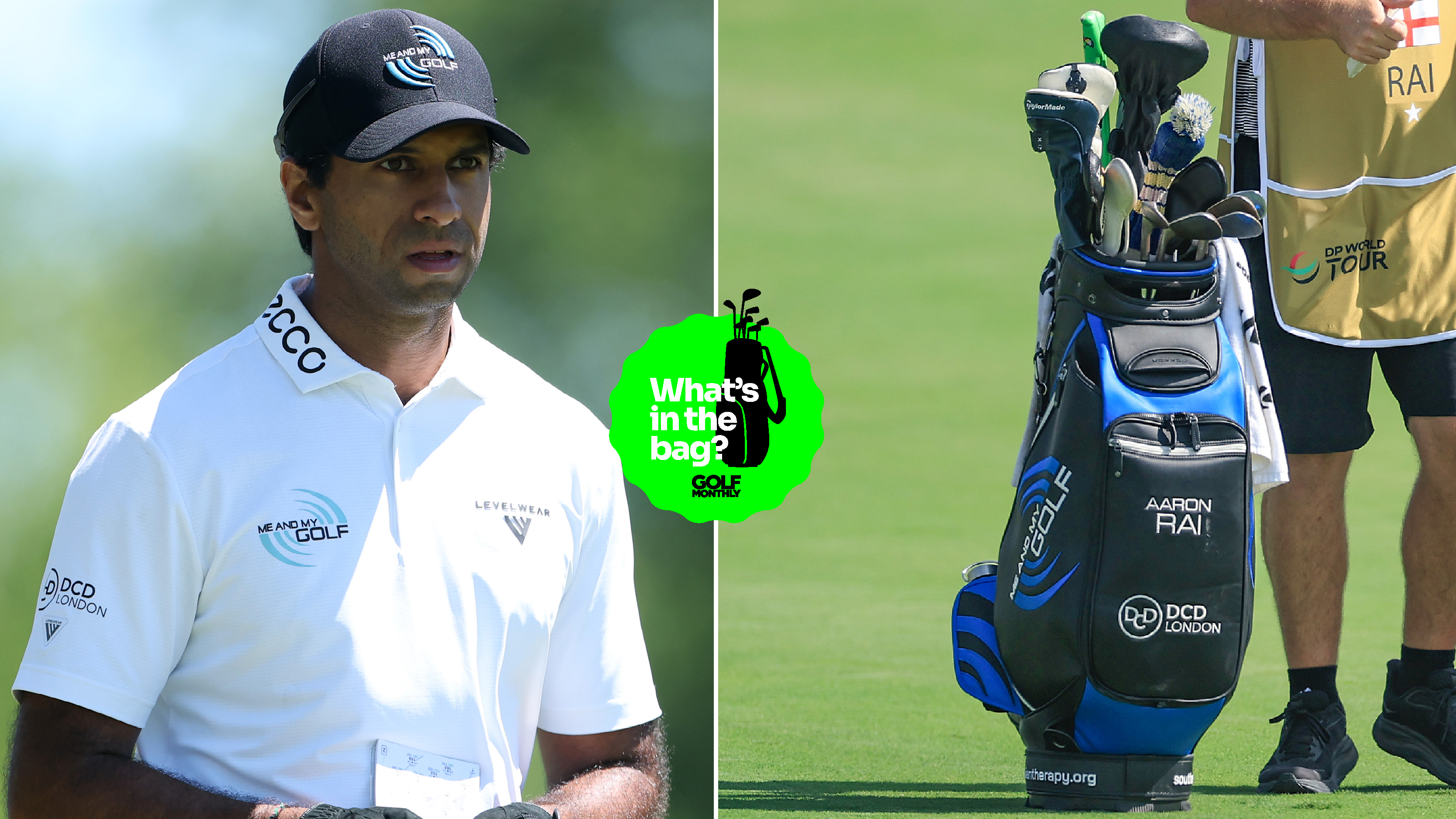 Aaron Rai walks off the fairway, with a close up of his bag