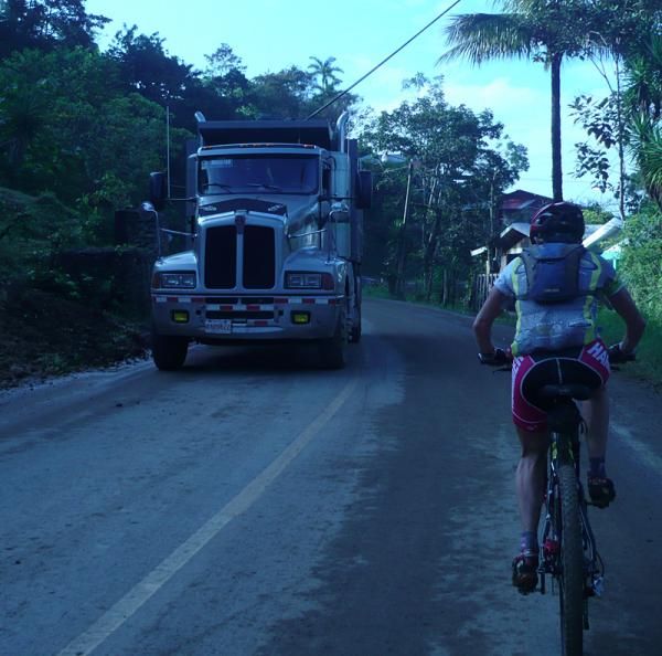 Louise Kobin shares the course with a semi.