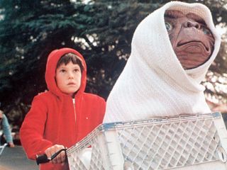 elliot wears a ride sweatshirt as he bikes with et in his basket in the movie et