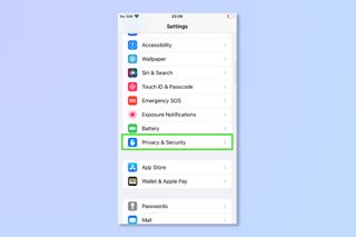 The first step to using safety check, the iOS 16 settings menu with privacy and security highlighted