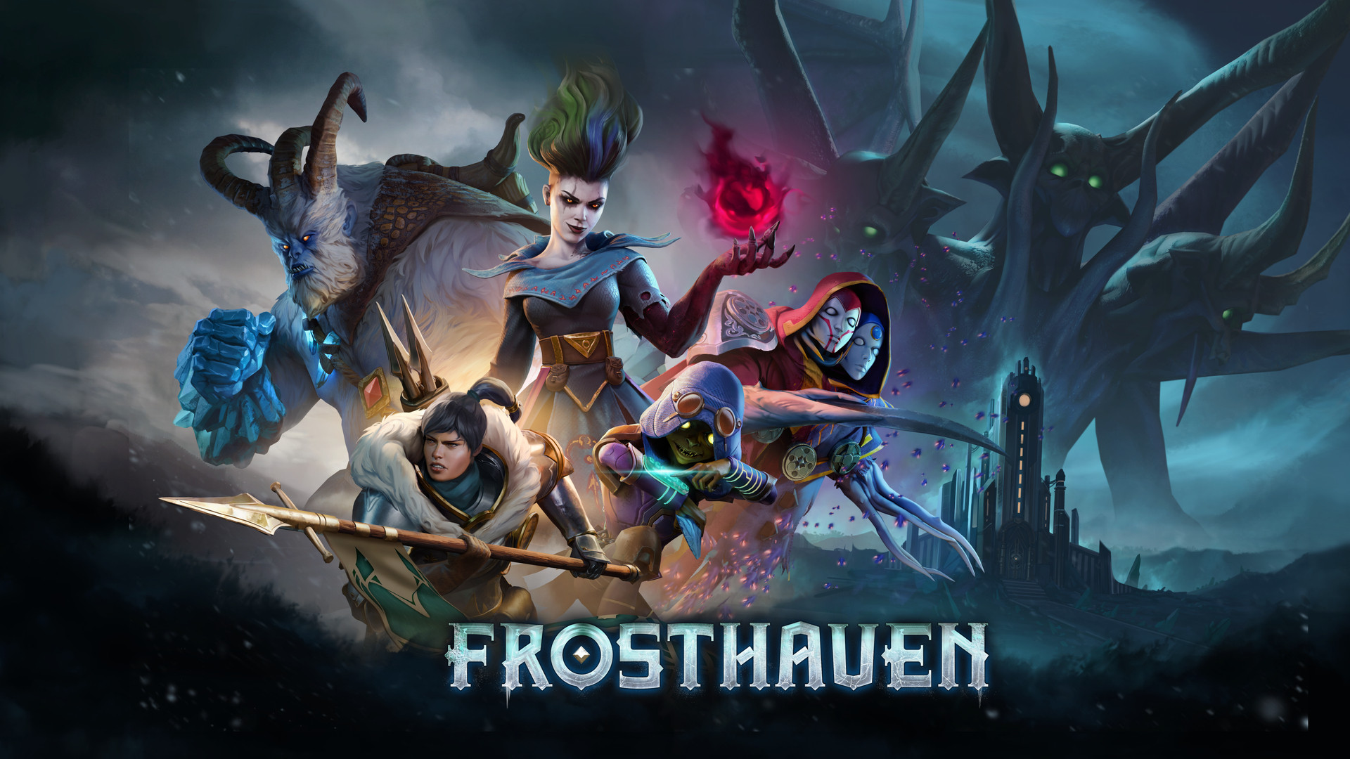 Frosthaven key art with a horned, yeti-like creature, a floating, smiling woman holding an orb of magic, a woman thrusting a spear forward, a goblin-esque creature pressing their gauntlet, and a dual-masked creature with tentacles hovering in front of a multi-headed monster