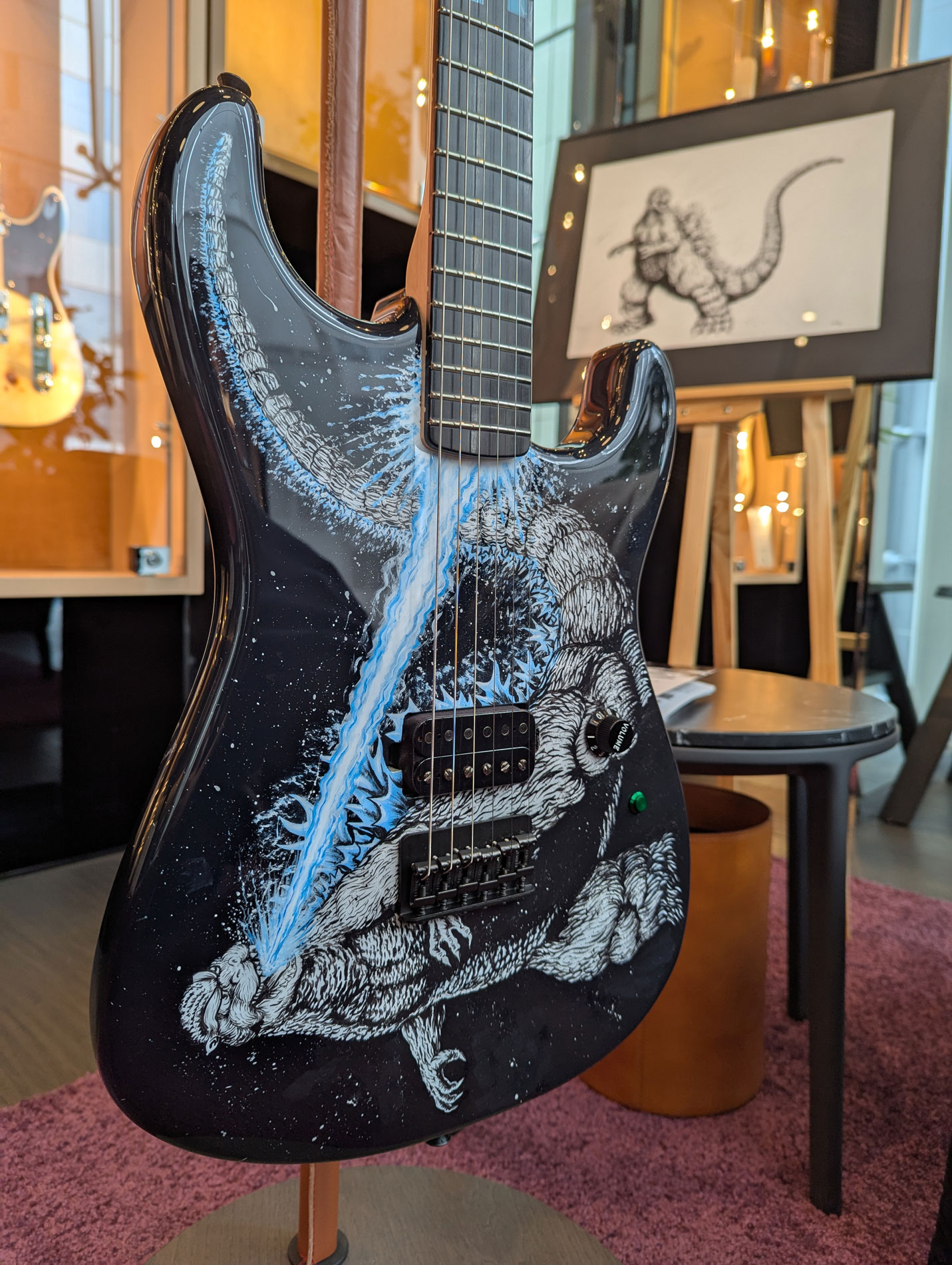 The Godzilla Limited Edition Strat on the wall at Fender Flagship Tokyo