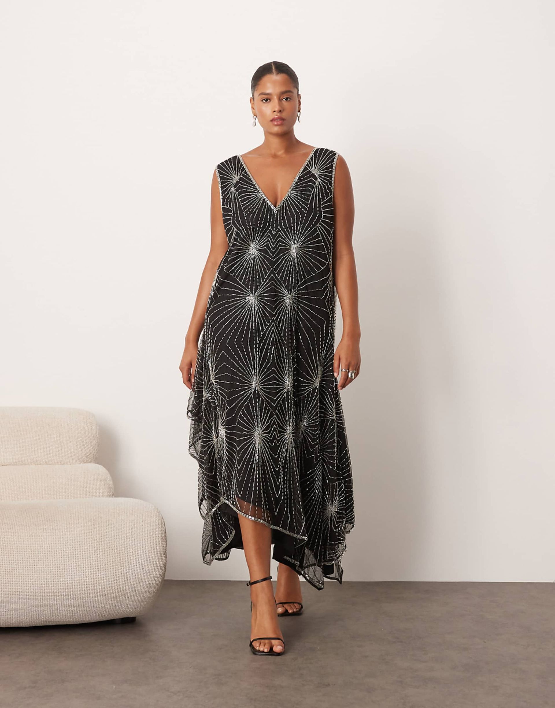 Arrange Curve Deco Linear Embellished Asymmetric Midi Dress in Black