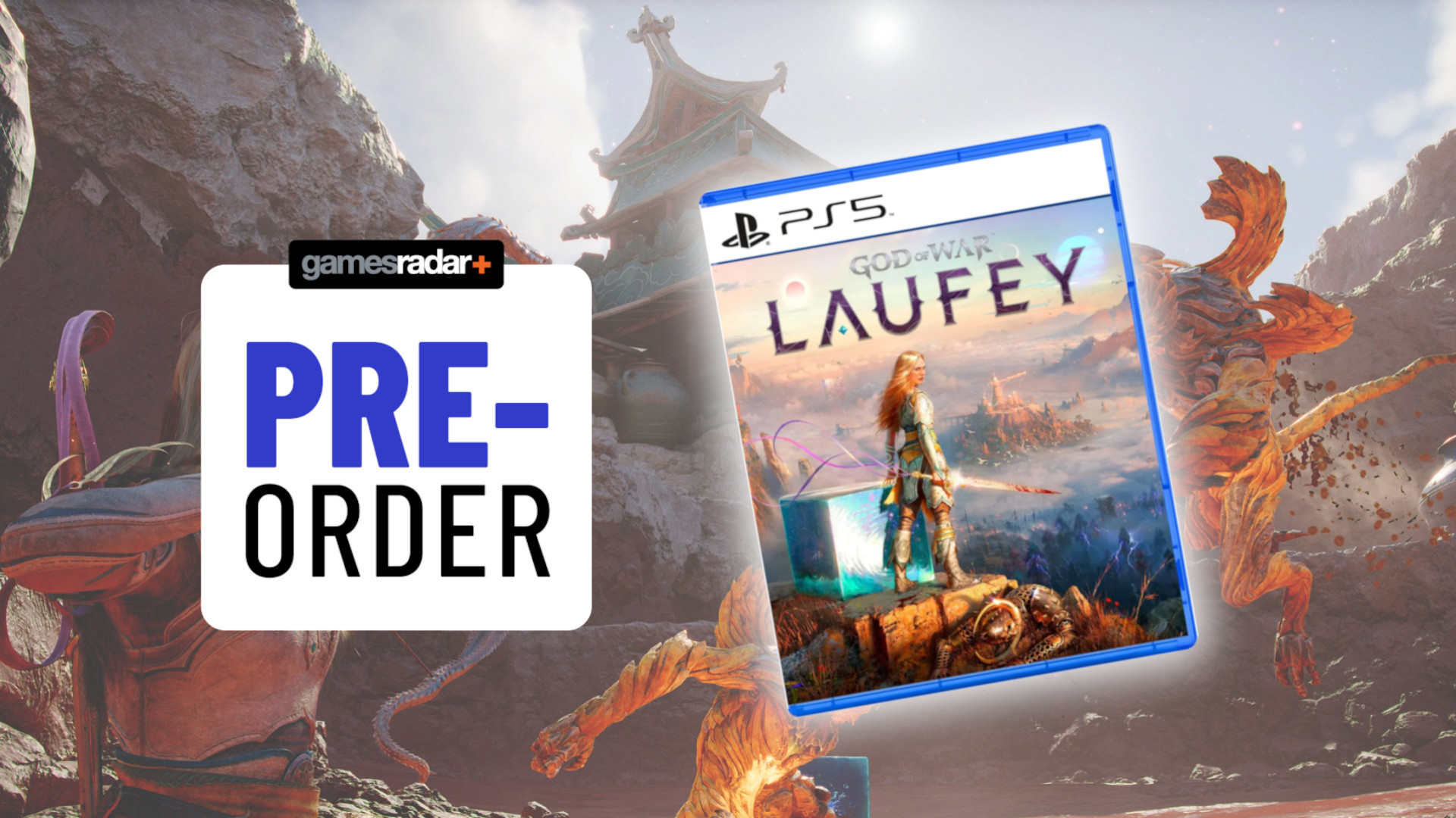 God of War Laufey PS5 box on a screenshot from the game with pre-order badge