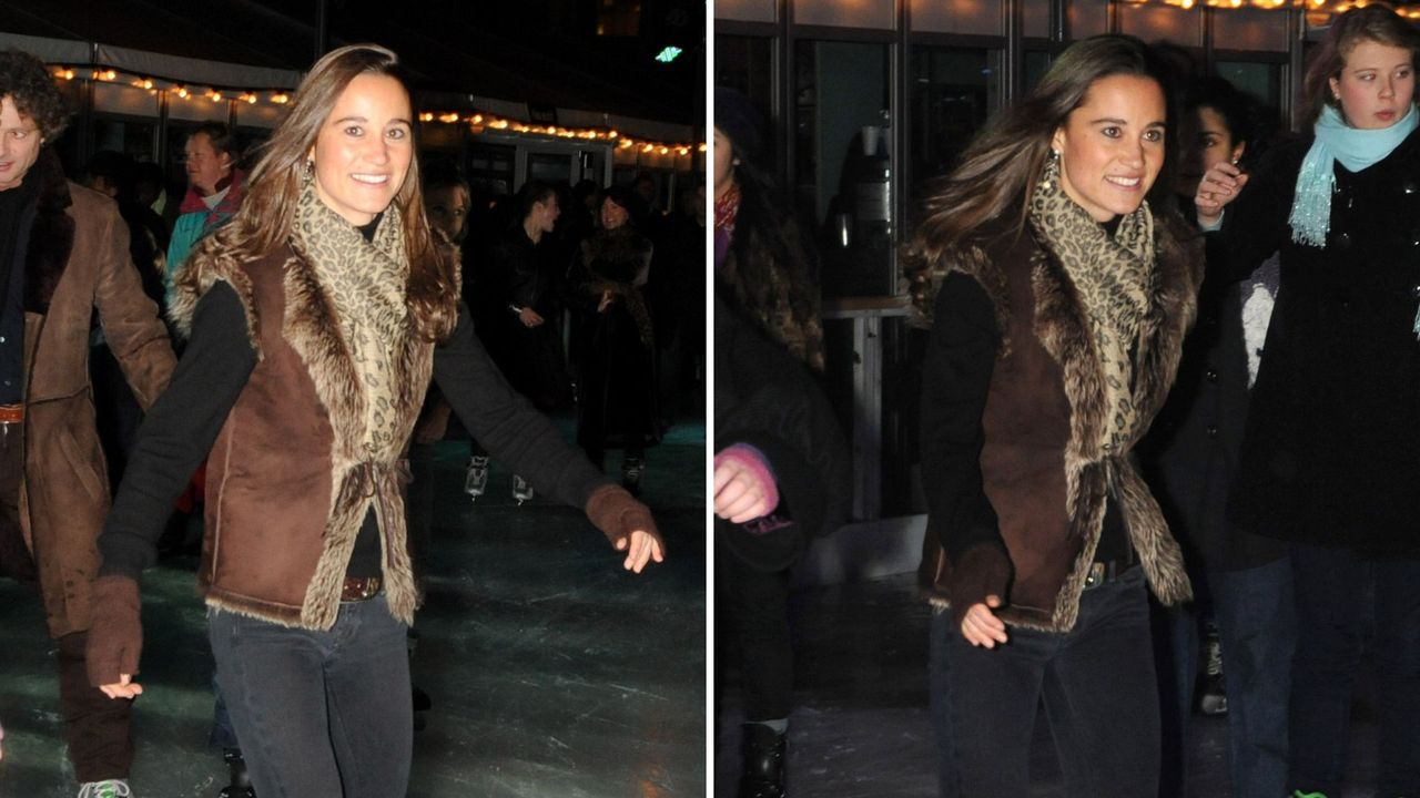 Composite of two pictures of Pippa Middleton wearing a gilet, jeans and leopard print scarf as she skates during the VIP opening of the Somerset House Ice Rink, at Somerset House November 18, 2008